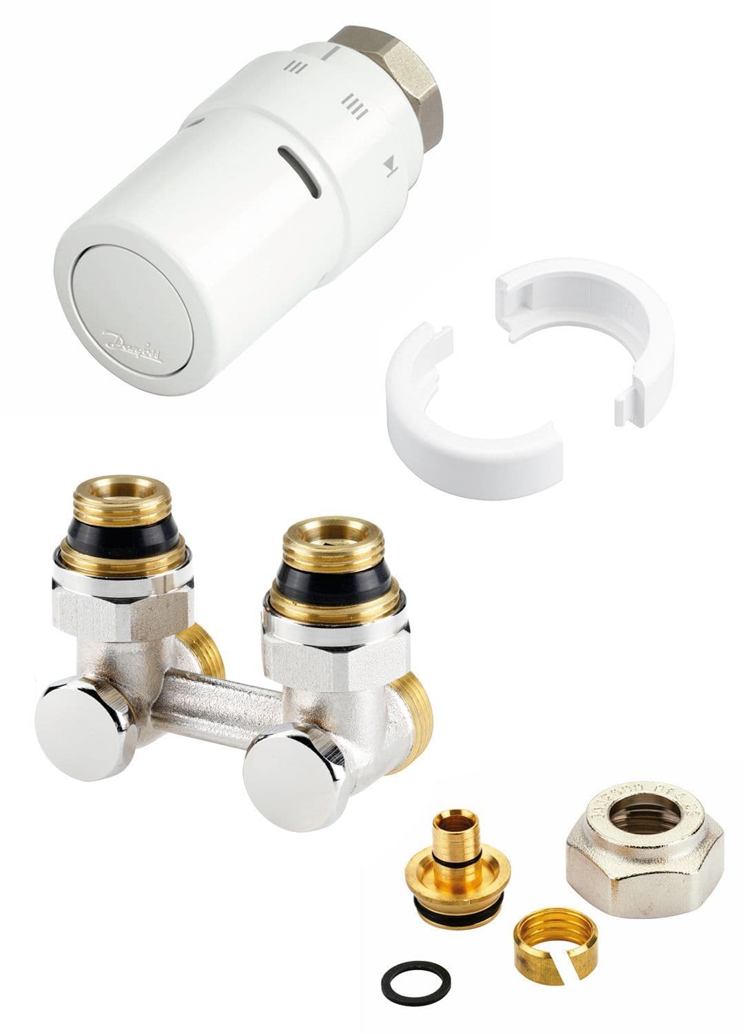 DESIGN KIT DE ROBINET THERMOSTAT.P.RADIATEUR UNIVERSAL INTEGRE 1/2"-3/4" +RACC.16MM DANFOSS EQUERRE