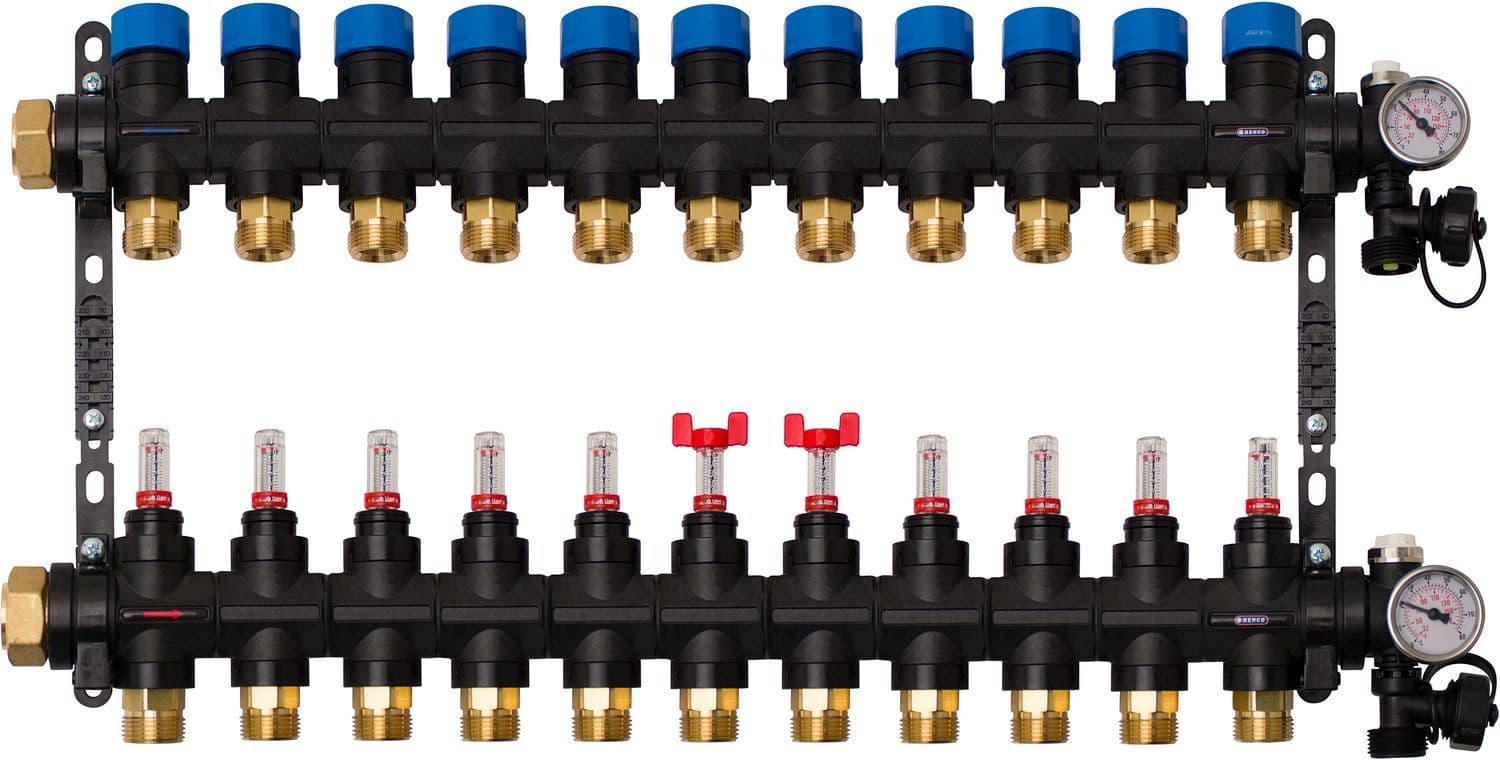 Composiet collector vloerverwarming Henco 4/4"-11X3/4"EK (debietmet/thermomet/vul-aftapkraan/purg)