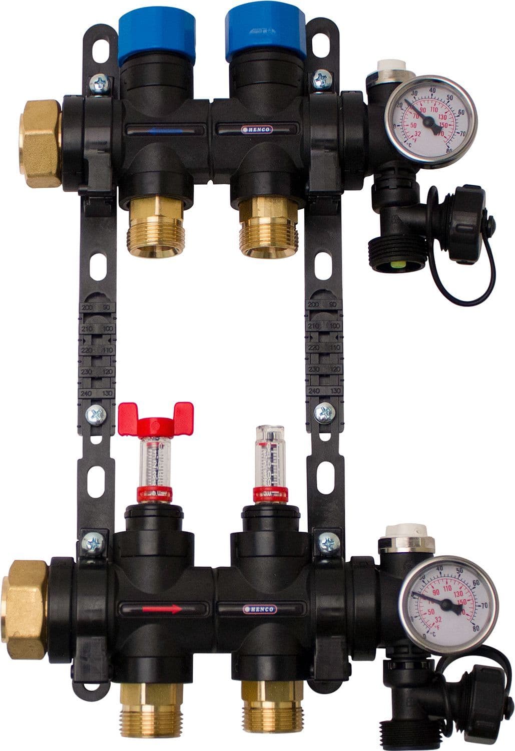 Composiet collector vloerverwarming Henco 4/4"-2X3/4"EK (debietmet/thermomet/vul-aftapkraan/purg)
