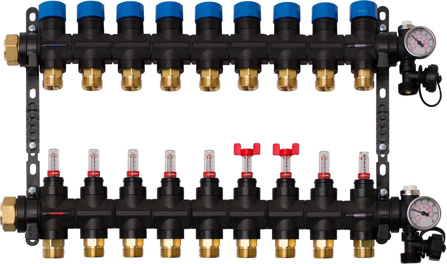 Composiet collector vloerverwarming Henco 4/4"-9X3/4"EK (debietmet/thermomet/vul-aftapkraan/purg)