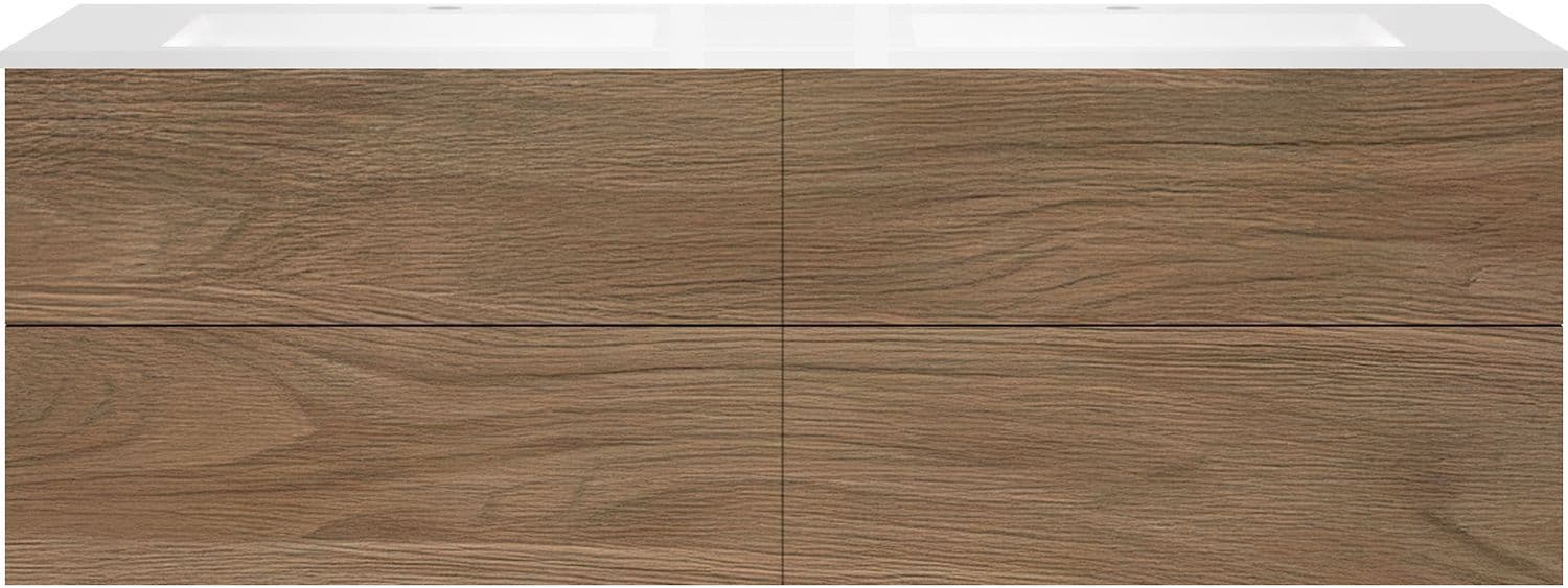 Sous Meuble COFFEE 4 tiroirs 180 duo CHENE caramelle +double lavabo blanc mat