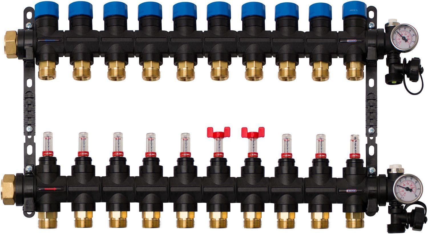 Composiet collector vloerverwarming Henco 4/4"-10X3/4"EK (debietmet/thermomet/vul-aftapkraan/purg)